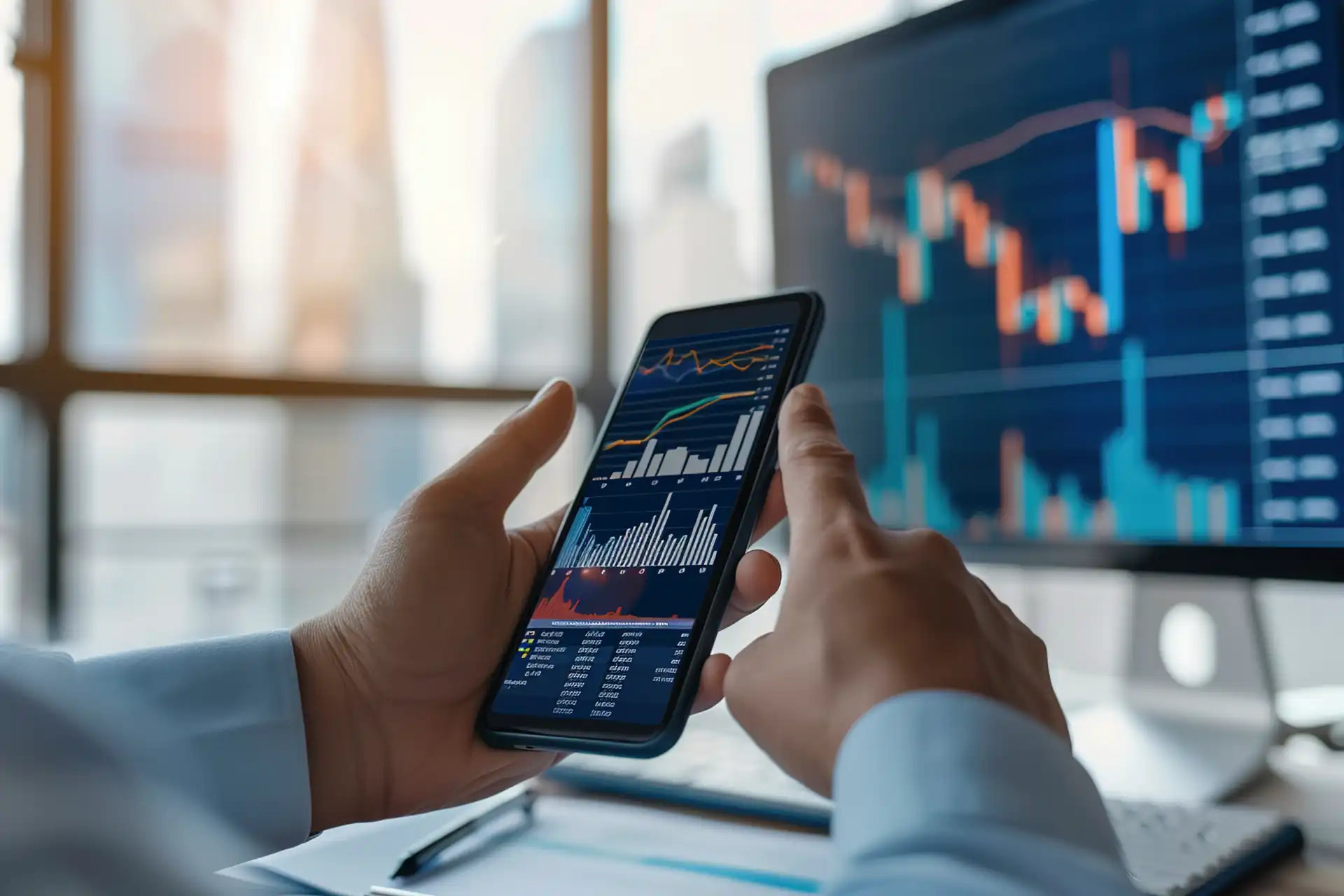 A man examines a stock market graph on his smartphone, analyzing financial trends and data.